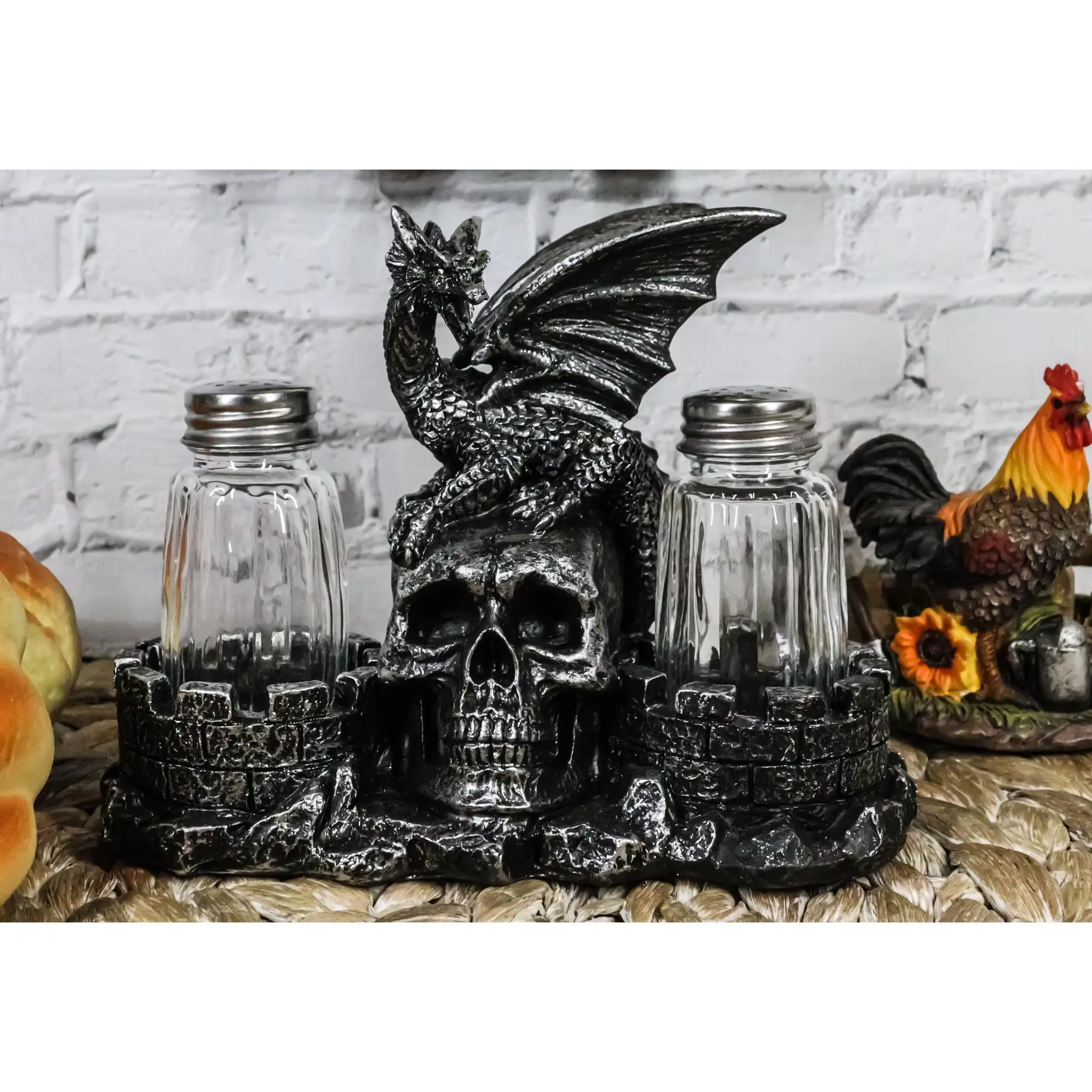 Medieval Dragon On Oversized Skull By Castle Towers Salt Pepper Shakers Holder