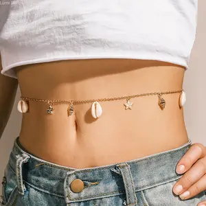 Gold Tone Seashell Starfish Conch Charm Belly Chain Beach Inspired Body Jewelry for Women Adjustable Waist Chain for Summer Beach Outfits and Festival Wear