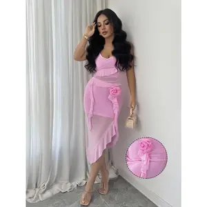 2pcs/Set Pink Camisole Top With Pendant Collar Asymmetrical Ruffle Hem Midi Skirt