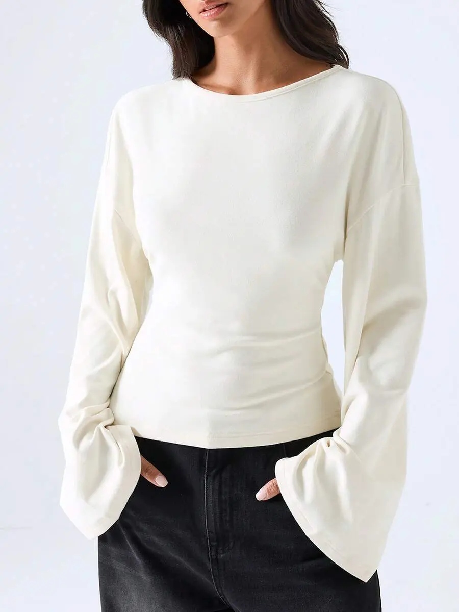 LYSMO Women's Polyester Solid Color Round Neck Drop-Shoulder Longsleeve Casual T-Shirt Top - Cream White, Autumn Wear with Comfortable Fit