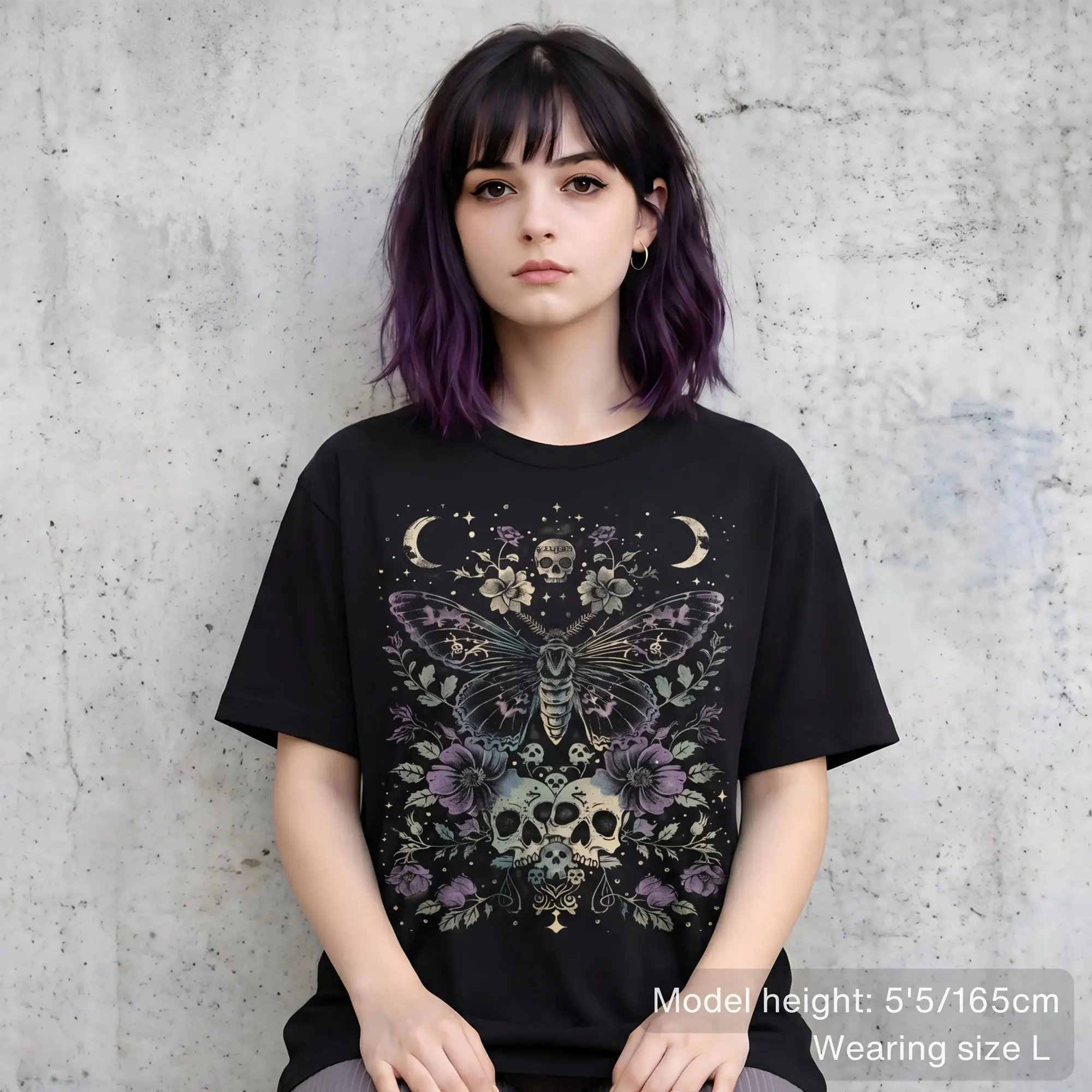 Shaniah Gothic Moth T Shirt, Witchy Floral Skull Tee, Dark Romance Shirt, Alt Clothing, Summer Goth Clothes
