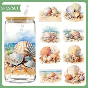 5pcs YVINNDY Beach Shells UV DTF Transfer Sheets - Self-Adhesive Vinyl Iron-On Patches Suitable for 16 Ounce Glass Jars, DIY Crafts, for sea (Laptops, Notebooks, Journals)