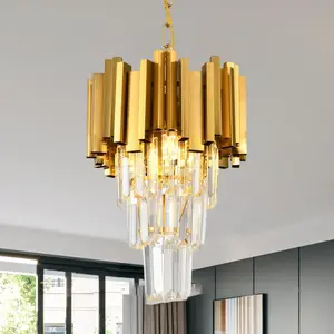 Modern Golden Crystal Chandelier, Small Dimmable Chain 12.8-Inch E12 K9 Rustproof Crystal Chandelier for Kitchen Island/Hallway/Dining Room