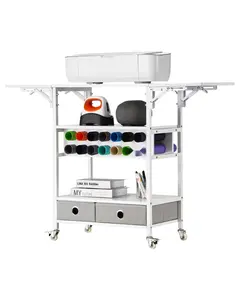 Rolling Craft Cart And Storage Table With Fourteen Vinyl Roll Holders, Two Drawers, Foldable, Mobile Studio Organizer On Locking Wheels For Arts And Crafts, Sewing, Scrapbooking, And Office Storage, Durable Steel Frame