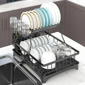 Double-Layer Kitchen Countertop Drain Rack Carbon Steel Material with Drain Board for Tableware Storage Durable & Efficient