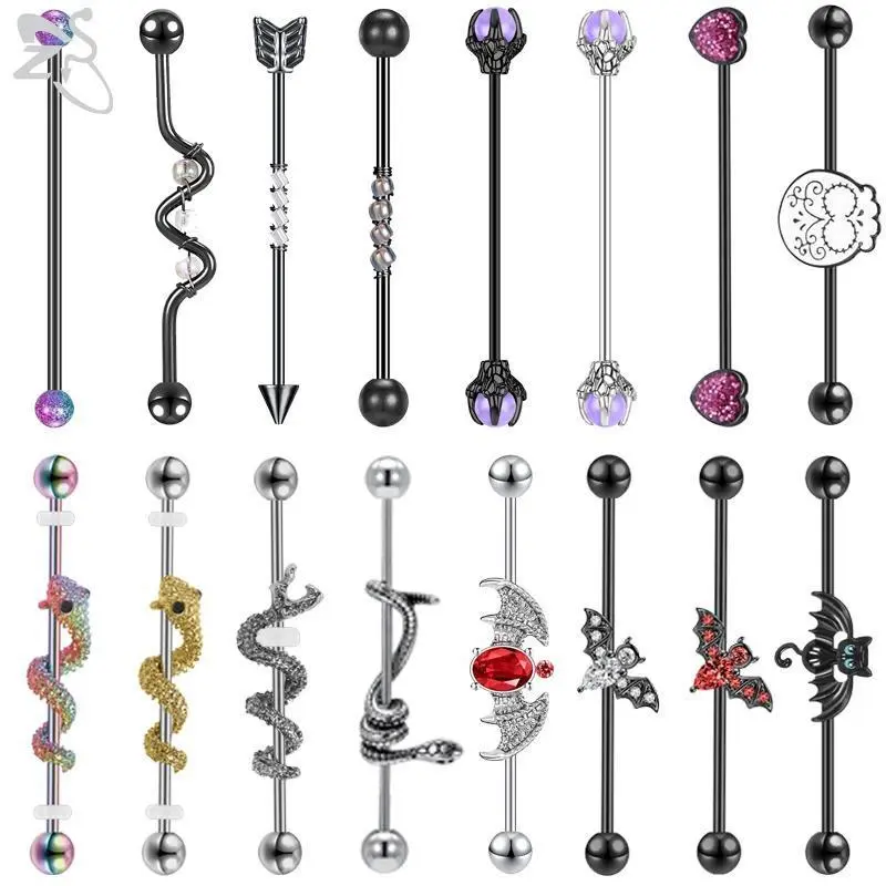 Industrial Piercing Earring, Gothic Snake Stainless Steel Long Bar Stud, 14g 38mm Helix Barbell with Cubic Zirconia, Style1 Silver, Metal