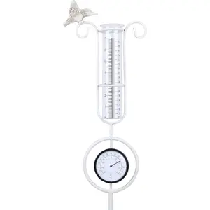 36 Inch Metal Bird Garden Stake with Thermometer, Outdoor Rain Gauge for Lawn, Yard, and Garden (White)