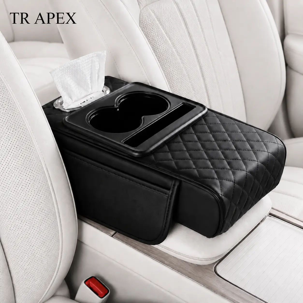 TR APEX Car armrest storage bag, multi-functional 4-in-1 mat, suitable for car armrests, car storage bags, car center console organizers, and includes cup holders and phone holders, ideal for long-distance driving trips.