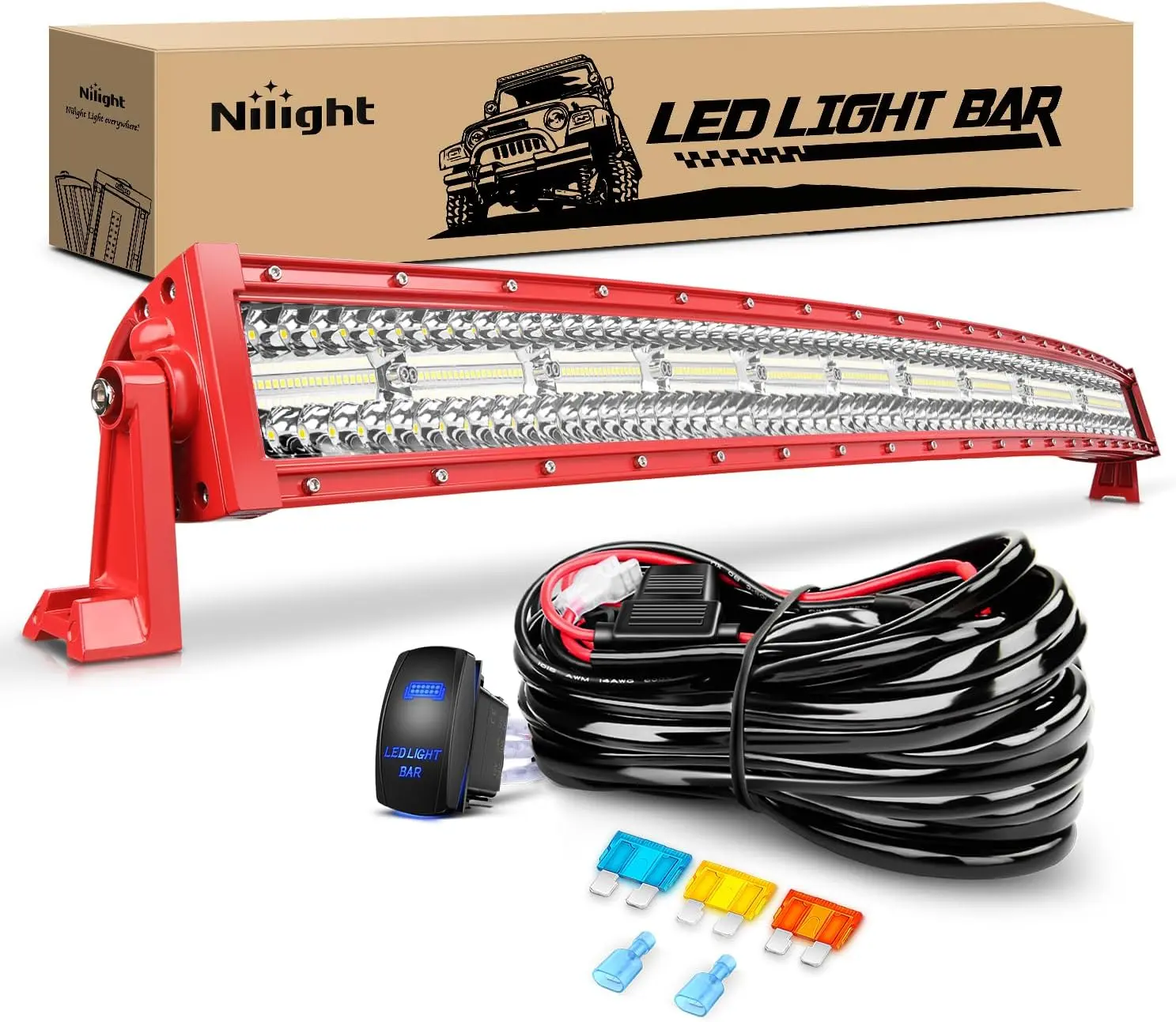 Nilight 42-Inch Triple Row Super Bright LED Light Bar with Red Shell, Spot-Flood Combo, Wiring Harness - LED Offroad Lights, Offroad Lighting System for Off-Road Trucks, Car Work Light, Light Bars For Trucks
