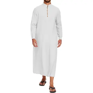 Thobe for Men Long Sleeve Kaftan Muslim Thobe Button Down Long Gown Caftan with Pockets