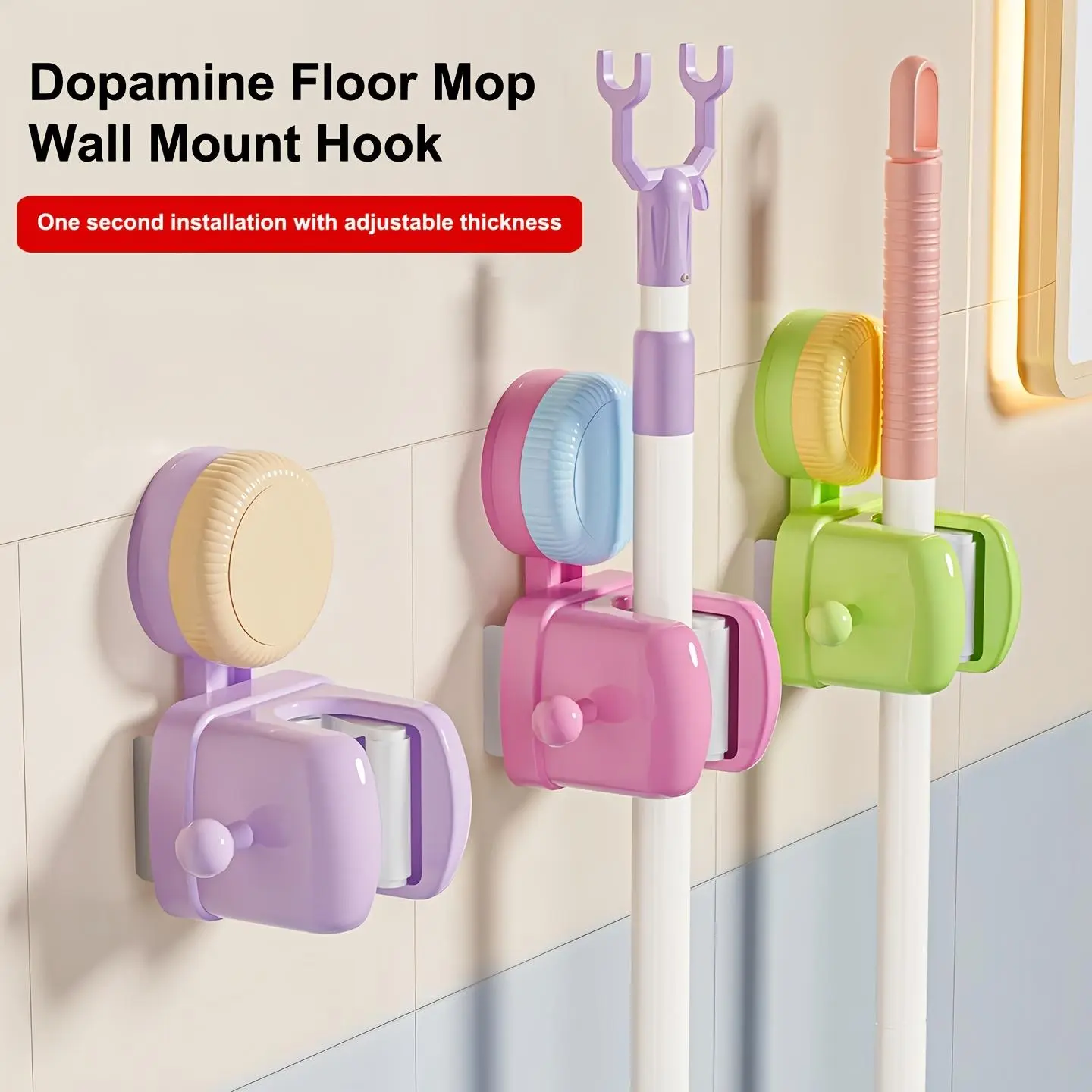 Modern Adjustable Transparent Durable PVC Dopamine Mop & Broom Hanging Home Organizer Rack - Non-Perforated Suction Cup Wall Clamp, 10 Hooks (2.5x2.5x1.4in), Daily Storage for Bathroom (5 - 10 Kg Capacity)
