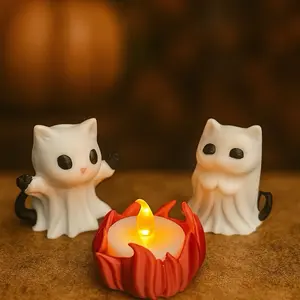 Ghost Cat Figurines - Cute Halloween Cat Statues with Fire Pit for Fall Shelf Décor Spooky Ghost Pets Perfect for Halloween Decorations Lightweight 3D Printed in PLA Plastic
