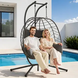 【Valentine's Day Gift】ONBRILL Double Egg Chair with Stand, Indoor Outdoor 2 Person Hammock Swing Chair with Cushions & Headrest, 650LBS Capacity Hanging Loveseat for Patio, Bedroom, Garden, Balcony