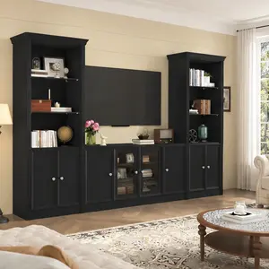 ARCH 128.2" Wide Wall Unit Entertainment Center with Bookshelves and Tempered Glass Cabinets, Modern TV Stand Media Console for TVs up to 80 Inches, Adjustable Shelves, Cable Management, Black Particle Board and MDF, Living Room Furniture