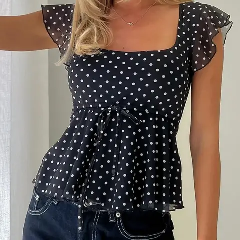 Women's Chiffon Lightweight Polka Dot Crop Top, Cute Summer Babydoll Top