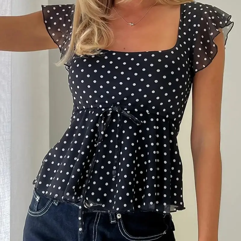 Women's Chiffon Lightweight Polka Dot Crop Top, Cute Summer Babydoll Top