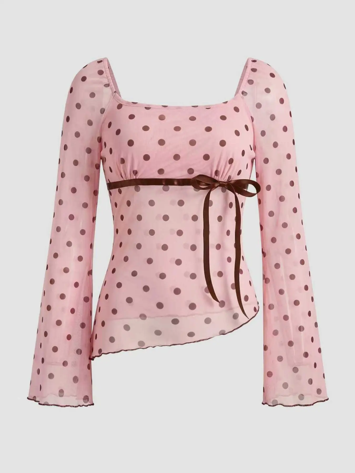 Women's Sweet Feminine Asymmetric Hem Polka Dot Long Sleeve Bell Sleeve Bow Lace T-Shirt, Casual Fashion Top, Everyday Style, Perfect for Daily Wear