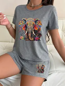 Women's Ethnic Style Pajama Set, Loose-Fitting Elephant Print Sleepwear Loungewear, Casual Two-Piece Night, Comfortable Home Wear Pjs Shorts, Everyday Loungewear, Pajamas, Nightwear Lounge Set