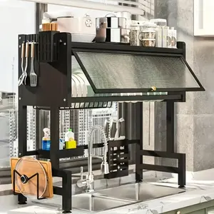 Hanging Metal Over Sink Dish Rack, Dustproof High-Strength Wide Storage Baker's Racks, Space-Saving Kitchen Organizer With Knife & Chopstick Holder