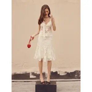 Cider Lace V-neck Cami Top & Mid Rise Midi Skirt Set