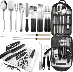 Portable Camping Kitchen Utensil Set-27 Piece Cookware Kit, Stainless Steel Outdoor Cooking and Grilling Utensil Organizer Travel Set Perfect for Travel, Picnics, Rvs, Camping, Bbqs, Parties and More Freehiker