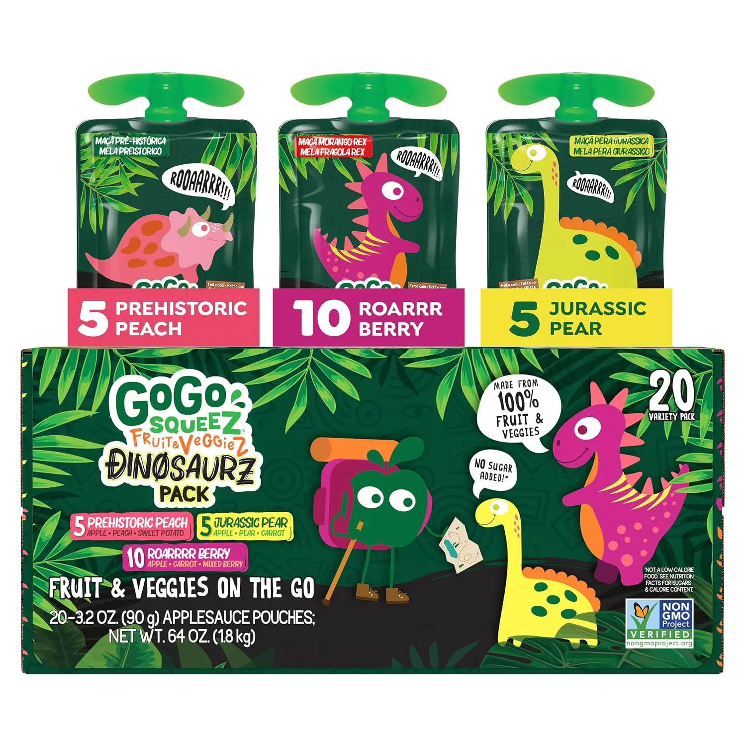 No Sugar Added Jurassic Fruit & veggieZ Applesauce, 20 Count | Kids on the go fruit & veggie snack with pear, berry & peach; 3.2 oz pouches, gluten and nut free, recloseable cap, BPA-free