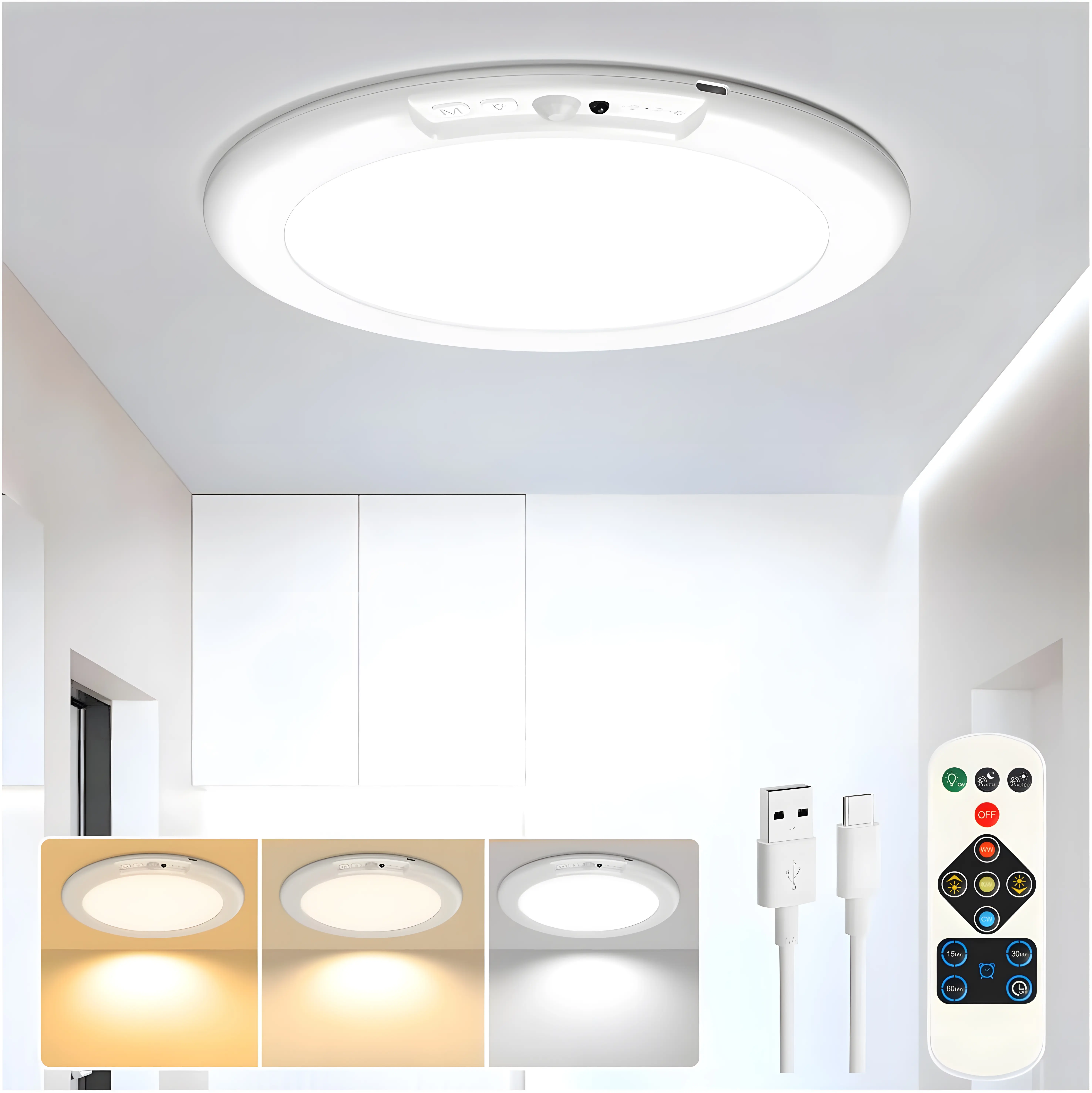 Round Rechargeable Motion Sensor Ceiling Light - Wireless Battery-Operated LED Lamp with Batteries, Remote Control, Magnetic/Adhesive Mounts, Adjustable Dimmable Warm White Lighting, 3 Color Modes, Auto Shut-Off for Garage, Pantry, Laundry Room