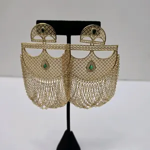 #317. 18K Gold Plated Bold Drop Earring withgreen cz stone and tassel Unique  High quality  Water Resistant  Hypoallergenic  Nickel Free Every day,  Party .