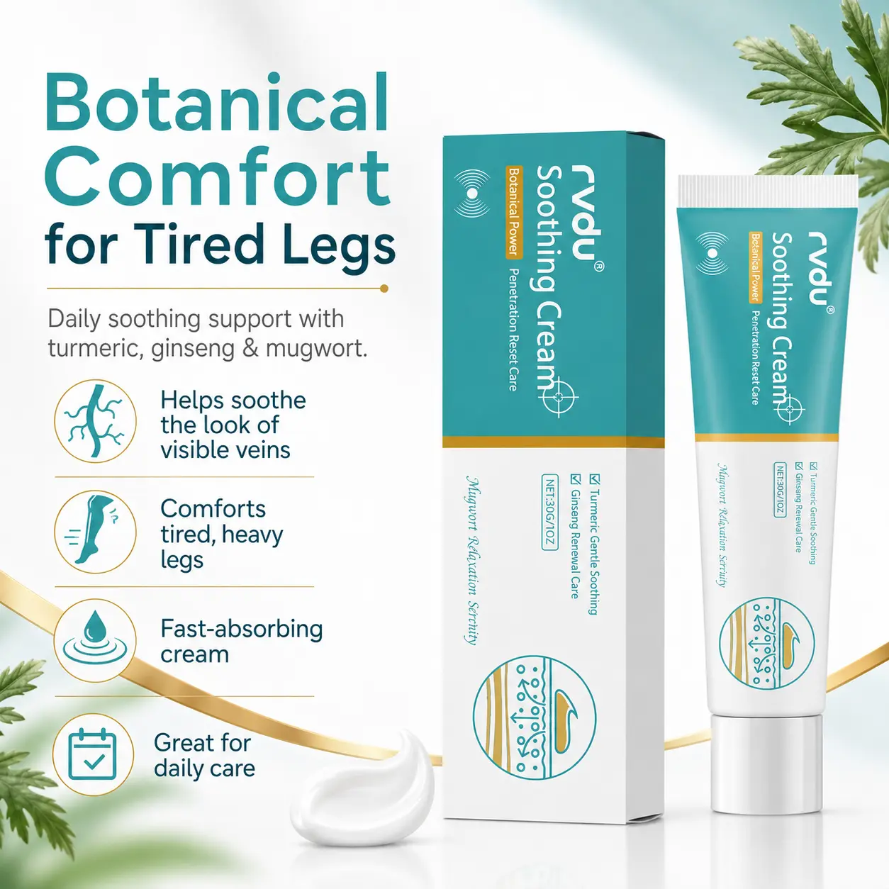 Ginseng Turmeric Varicose Veins Cream - Natural, Refreshing, Lightweight Body Care Moisturizer for Leg Relief, Smooth Skin & Vein Repair - External Soothing Massage Lotion, Daily Application, 30g Travel Size Botanical Herbal Lotion