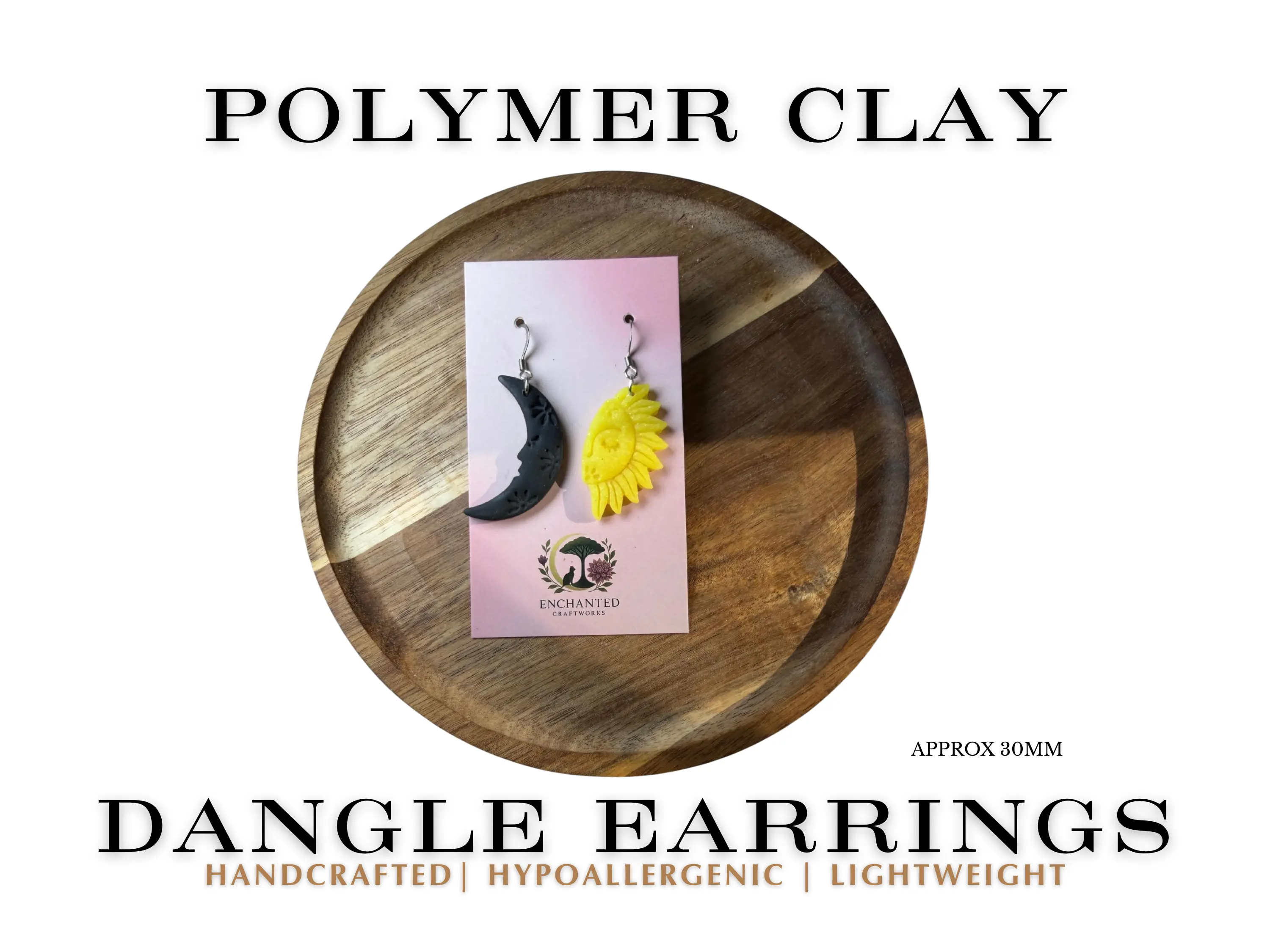 Enchanted Eclipse Dangle Earrings - Hand-Crafted Yellow Sun & Black Moon Polymer Clay Hypoallergenic Stainless Steel Hoops for Dreamers & Stargazers