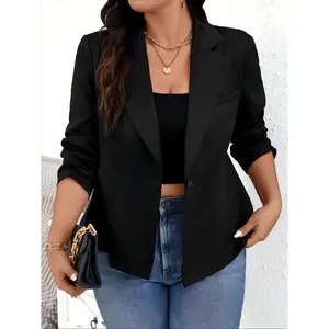 Elegant Plus-Size Women’s Solid Color Blazer, Versatile Long-Sleeve Jacket with Faux Pockets, Perfect for Work & Casual Wear