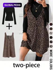 Women's High Neck Long Sleeve Inner Layer + Leopard Print Strap Skirt Set, Casual Daily Spring Autumn Commuter, Two-Piece Ensemble Outfit