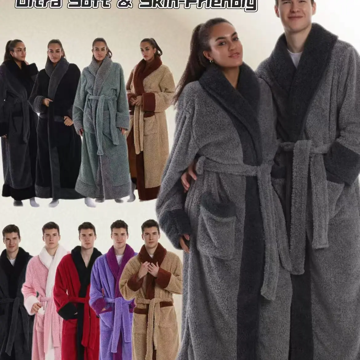 Elegant Thick Coral Fleece Bathrobe, Long Warm Robe for Fall Winter, with Hat Pockets Belt, Classic Style Color Options
