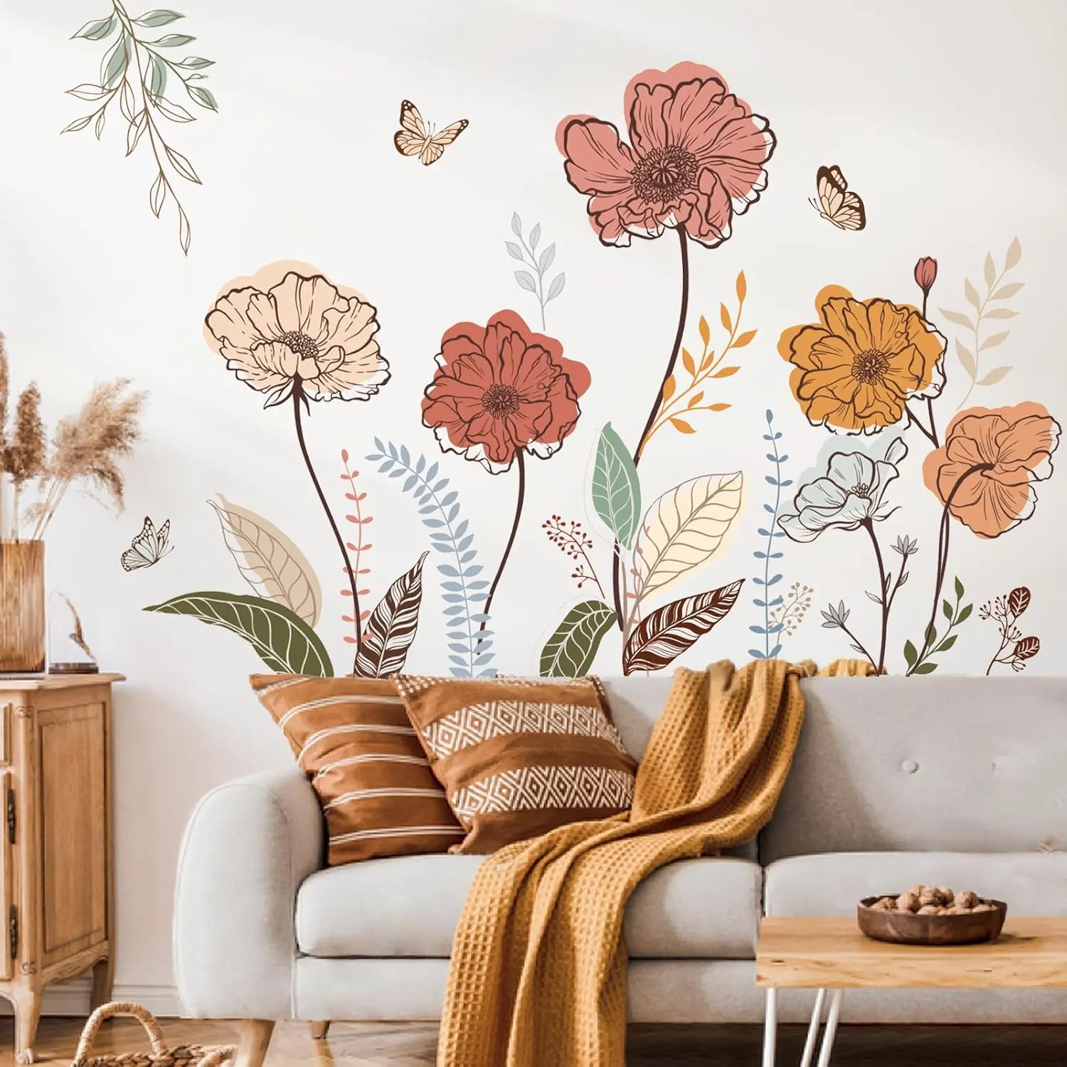 Boho Flower Wall Stickers Wildflower Floral Grass Peel and Stick Wall Art Decals for Living Room Bedroom TV Wall