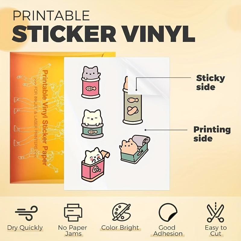 100 Sheets HTVRONT Printable Vinyl Sticker Paper - Glossy/Matte Waterproof, Fast-Drying & Jam-Free Inkjet Printer Compatible, -Curl Self-Sealing OPP Bag & -Like Backing for DIY Crafts, Decals, Laminating (Compatible with Laser Printers