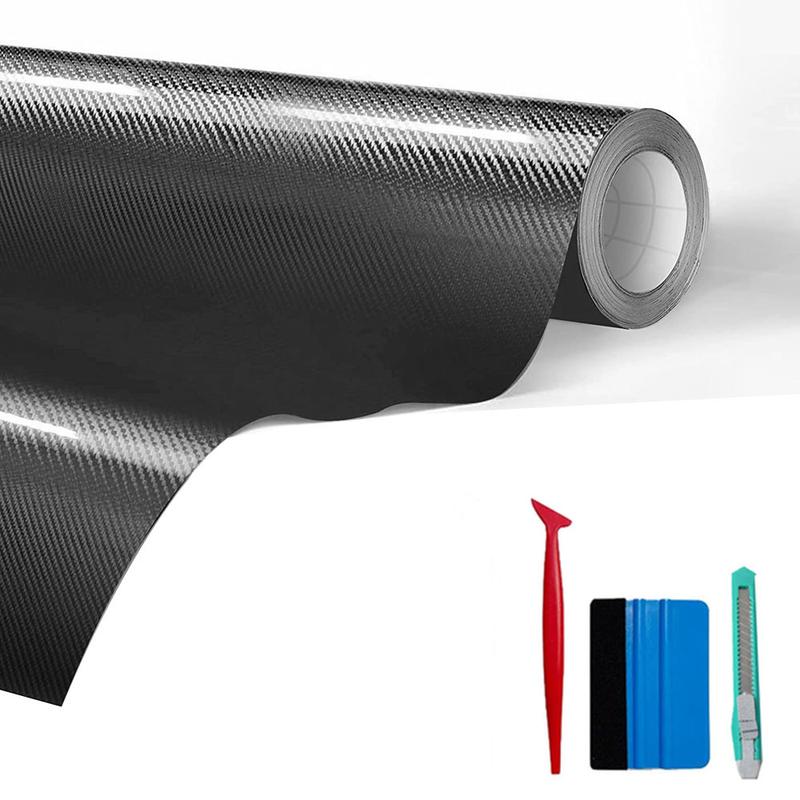 1FT x 5FT High Gloss Carbon Fiber Car Wrap Vinyl Bubble Free Air Release Adhesive Car Wrap Film Roll Automotive DIY Decals, 12" x 60" Tool Kit(Option)