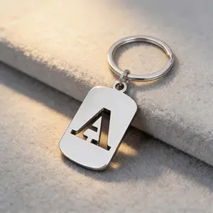 Initials keychain, titanium steel, fashionable men's and women's couple, 26-letter square engraved pendant, backpack charm