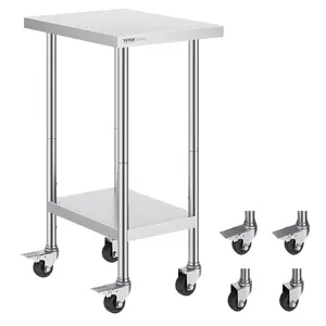 【Summervibes】VEVOR Stainless Steel Work Table 24 x 18 x 38 Inch, with 4 Wheels, 3 Adjustable Height Levels, Heavy Duty Food Prep Worktable for Commercial Kitchen Restaurant, Silver