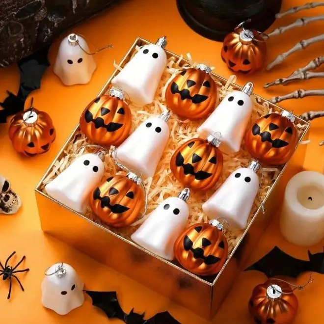 12PCS Autumn Pumpkin Ghost Hanging Decorations – Cute Halloween Tree Ornaments, Mini Ghost & Pumpkin Lantern Decor, Plastic Hanging Ornaments for Christmas Tree, Window, Fireplace, Table Centerpiece, Party & Holiday Home Decor
