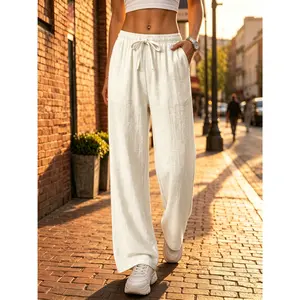 Women's solid color wide leg pants, mid waist drawstring, loose casual pants, suitable for daily wear, diverse styles, lightweight and breathable high-quality linen casual pants - lightweight and breathable summer p comfy scrub
