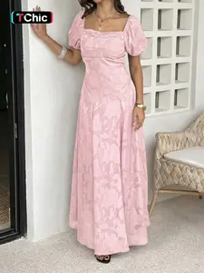 Pure Color Jacquard Square Neck Bubble Sleeve Dress, Back Crossed Tie French Vintage Wedding Banquet Atmosphere Dress