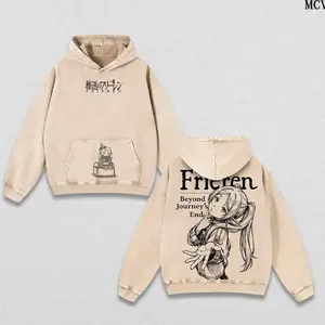 Frieren Beyond Journey’s End Hoodie & Tee Washed, Vintage Washed Heavy Cotton Oversized Anime Manga Hoodie T-Shirt Set, Retro Unisex Streetwear Graphic Top, Fantasy Healing Journey Edition, Japanese Anime Merch AQE HBZ