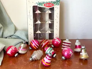 Vintage Shiny Brite Fancy Shape Glass Christmas Ornaments Set of 12 Pink Stencil Bells and Lanterns OR1636