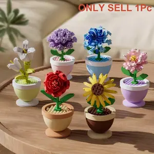 3D Building Blocks Flower Pot Decor, Unisex Desktop Decoration, DIY Assembly, Perfect Gift for Valentine's Day & Birthdays