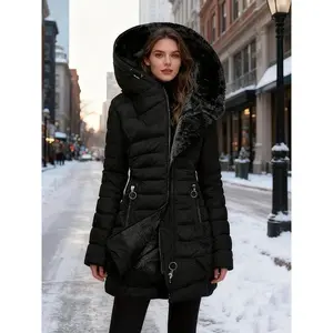 Women's Winter Windproof Fur Warm Slim Fit Down Jacket Waterproof Long Ski Coat for Commuting Regular Sleeve Modest Style Solid Color Woven Fabric