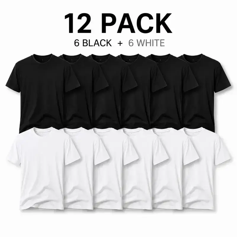 12 Pack Men's Cotton Blend T-Shirts, Unisex Vintage Aesthetic Crew Neck Tops, Loose-Fit Baggy Short Sleeve Apparel, 6 Black+6 White, Streetwear, Soft, Oversized, Basic, Round Neck