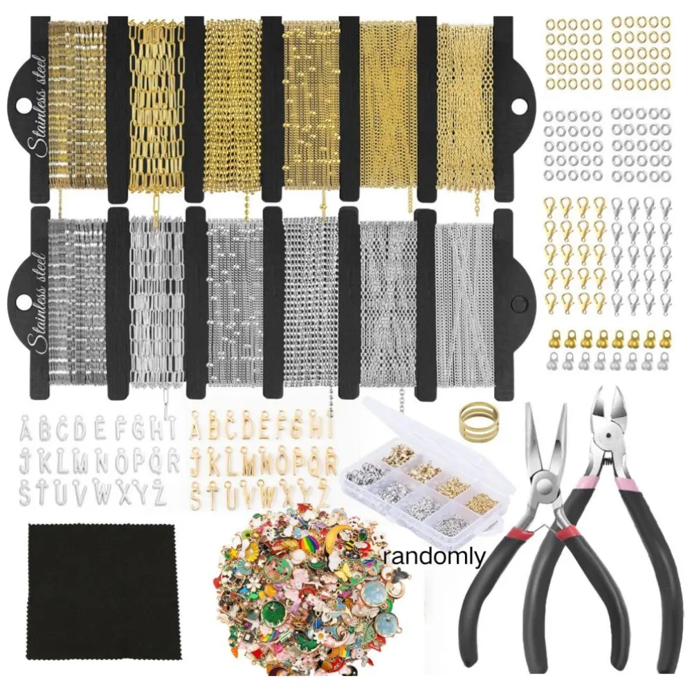 DIY Jewelry Crafting Kit - Gold & Silver Necklace, Bracelet, Chain Links, Jump Rings, Lobster Clasps, Jewelry Pliers, Support Rings, Pendants