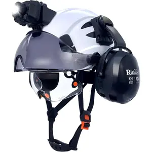 Unisex Vented Lightweight Construction Hard Hat - 6-Point Adjustable Suspension, Visor, Ear Muffs, Rechargeable LED Flashlight, Built-in Light, Secure-Fit Safety Helmet for Industrial Work