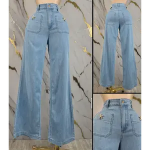 High Waist Wide Leg Jeans – Star Detail Denim Pants