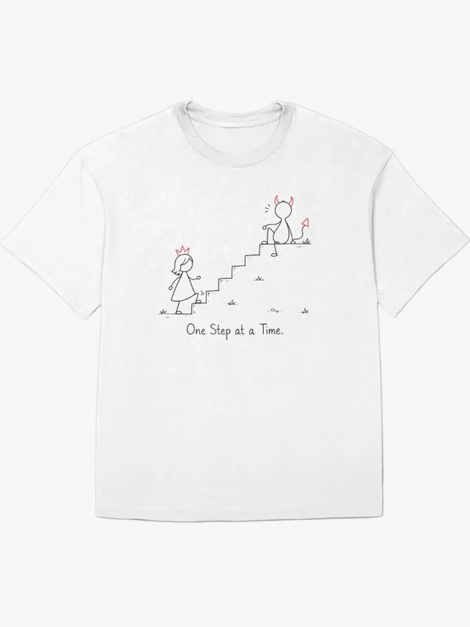 One Step at a Time. | Funny Motivational Quote | Princess & Devil Minimalist Line Art Oversized T-Shirt 6LK